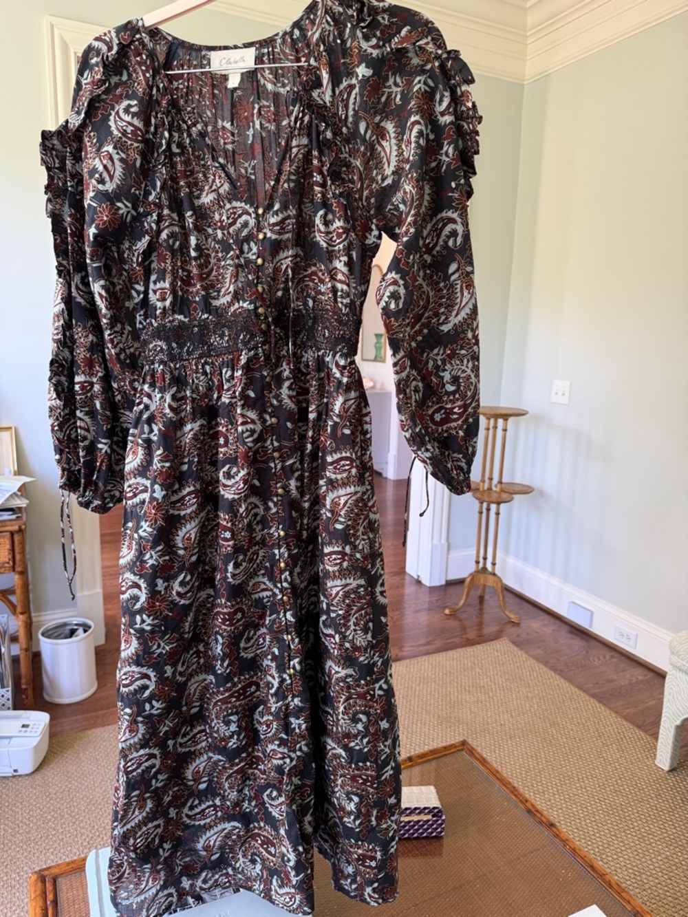 Cleobella Black Paisley Long Sleeve Smocked Waist Maxi Dress